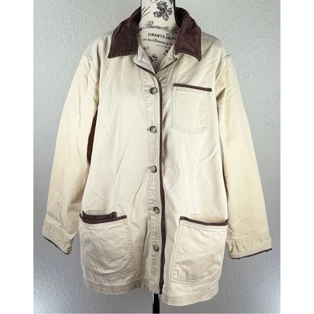 Vintage Women's Barn Utility Jacket Cream with Brown Corduroy Collar size Medium - Picture 6 of 9